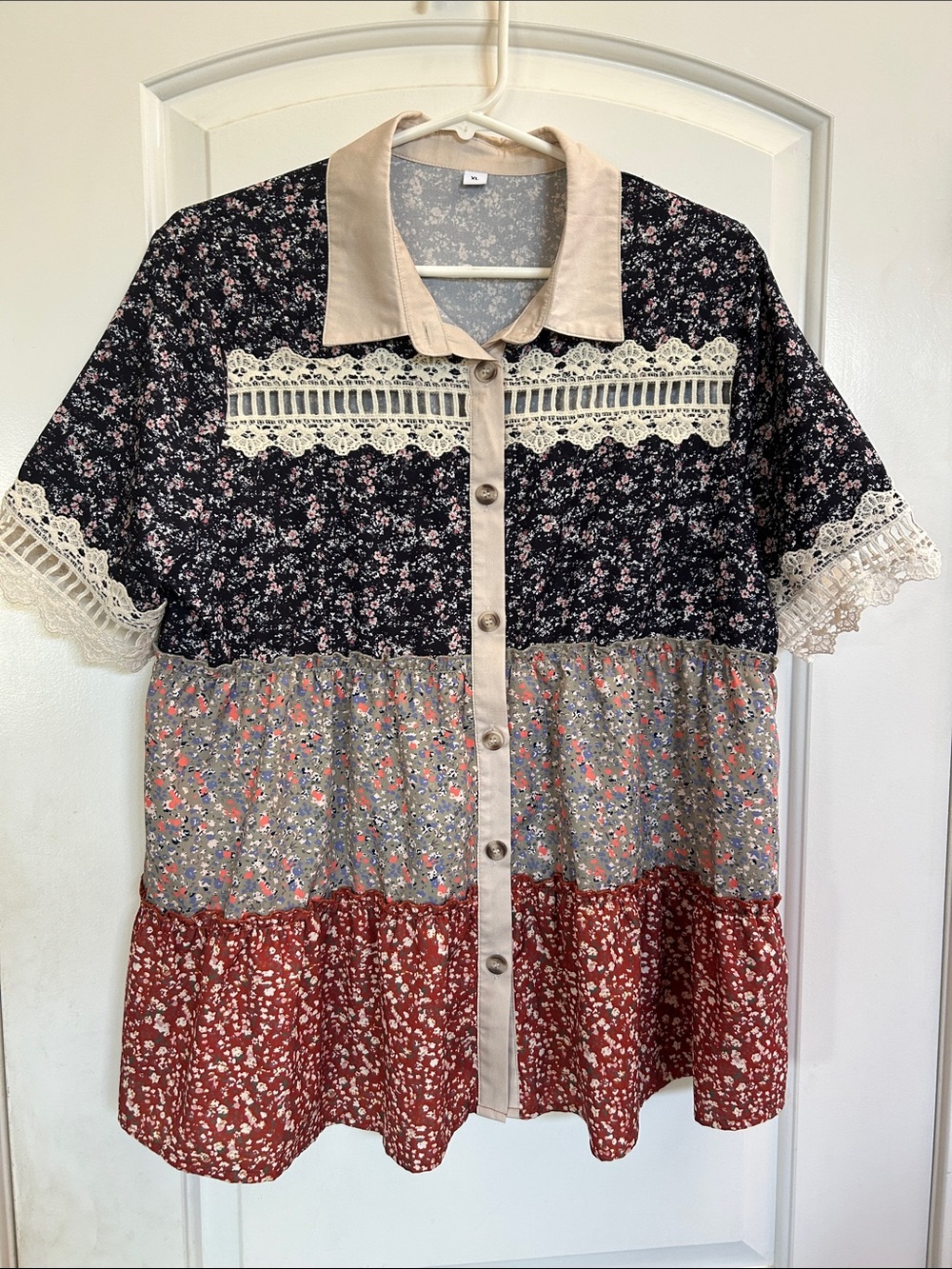 Tiered Patchwork Button-Front Women’s Shirt with Black, Gray & Rust Ruffles